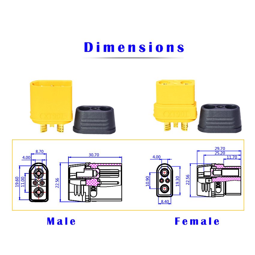 Amass xt90(2+2) XT90I Connector Male Female XT90 (2 2)-F 4Pin XT90I-M XT90I-F DC Power Wire Cable Plug Connector With Signal Pin