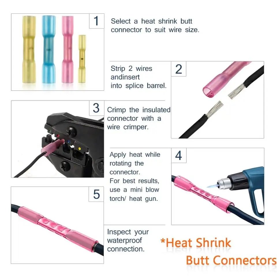 BHT Automotive Led Marine Electrical Wire Terminals Crimp Heat Shrink Butt Wire Connectors