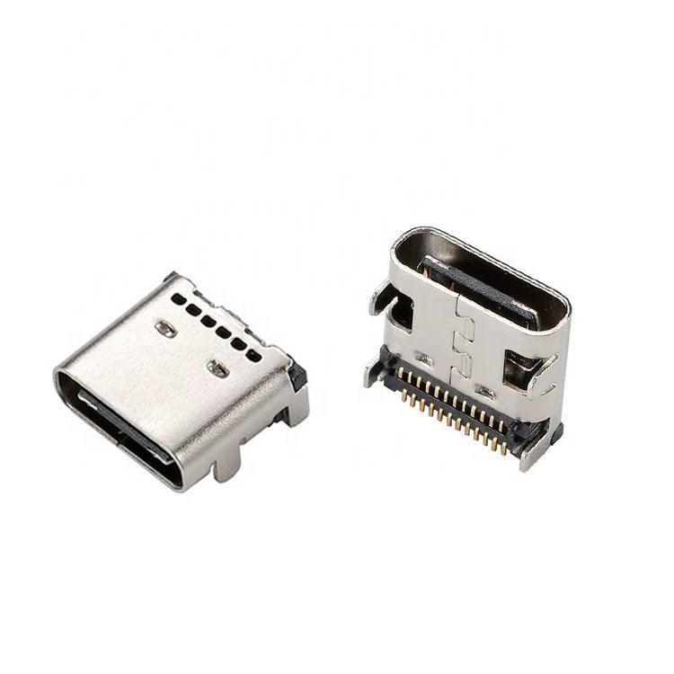 USB Type C Female Connector 24P Double Row Pins Four Legs Insertion SMT Fast Charging and Data Transmission Connector