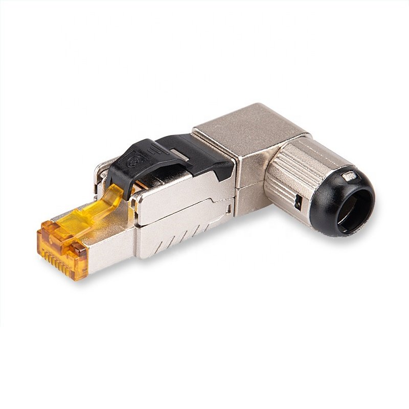 Linkwylan 10G Cat6A 90 degree Angled Toolless Termination Plug Shielded RJ45 Field Connector Tool-free Connection