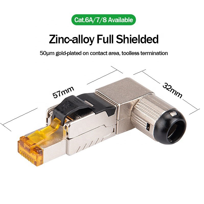 Linkwylan 10G Cat6A 90 degree Angled Toolless Termination Plug Shielded RJ45 Field Connector Tool-free Connection