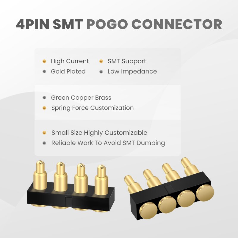 4Pin Pitch 2.54mm Customize Length 5V2A 12V 2A Gold Plated Single Row SMT 4 Pin Pogo Pin Connector