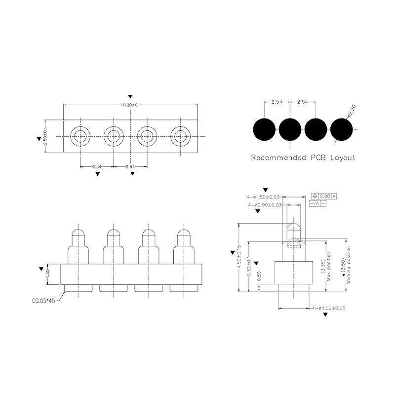 4Pin Pitch 2.54mm Customize Length 5V2A 12V 2A Gold Plated Single Row SMT 4 Pin Pogo Pin Connector