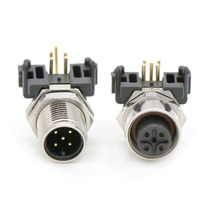 Right angled PCB contacts CNC screw M12 90 degree panel mount 5pin female A-code Connector