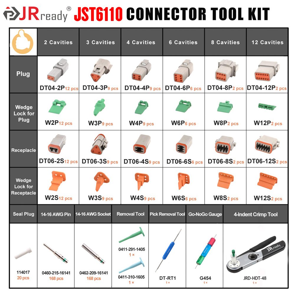 JRready Deutsch 2,3,4,6,8,12 Pin DT Connector Kit with JRD-HDT-48 Crimping tool