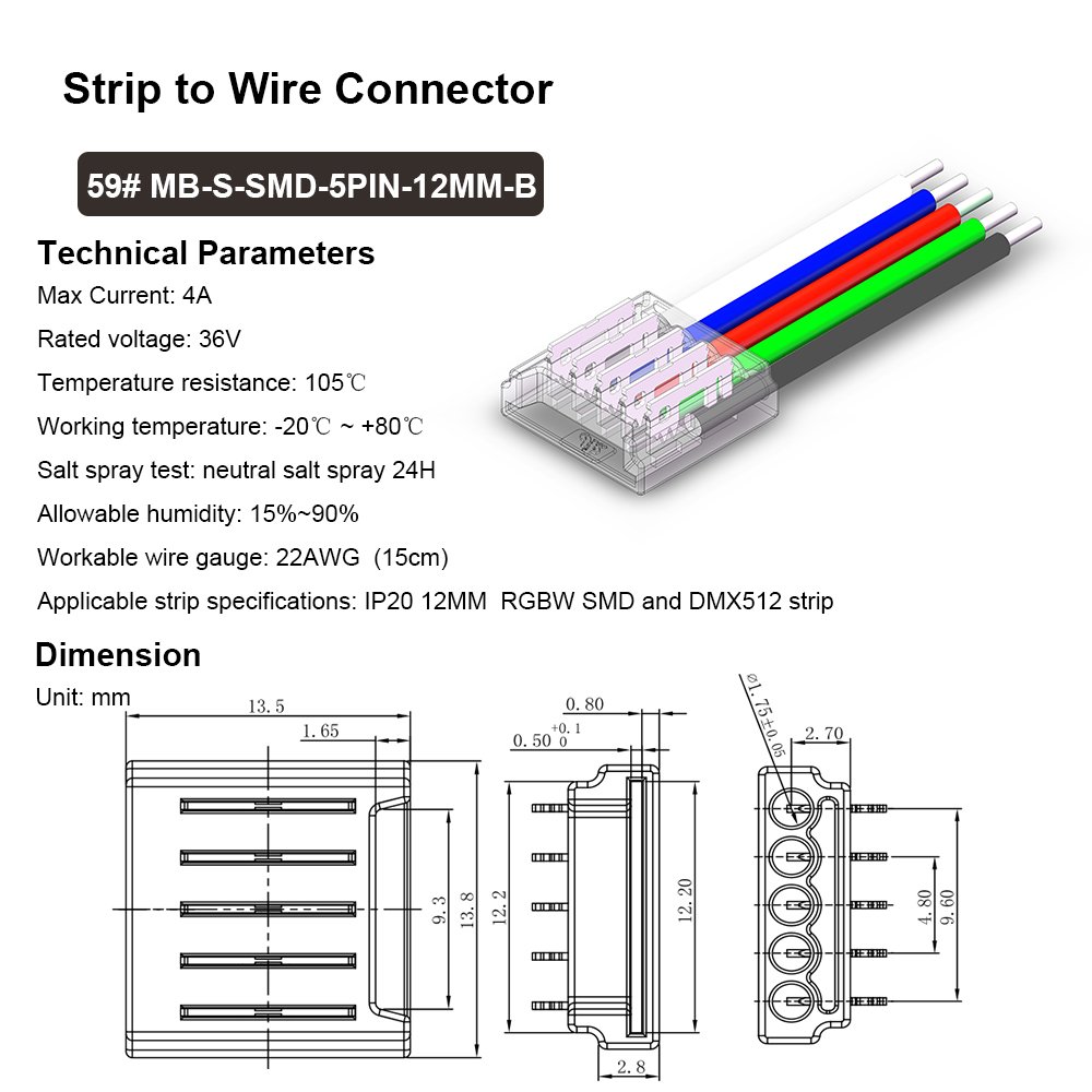 12mm PCB Board 5 pin 12V 24V led strip to wire connector wire connector terminal For RGBW Flexible SMD LED Strip Light