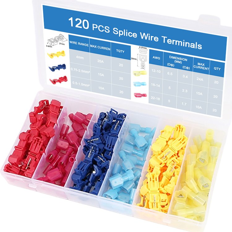 120PCS Electrical Nylon Fully Insulated Solderless T-Tap Quick Splice Lock Wire Male Spade Disconnects Terminals Connector Kit
