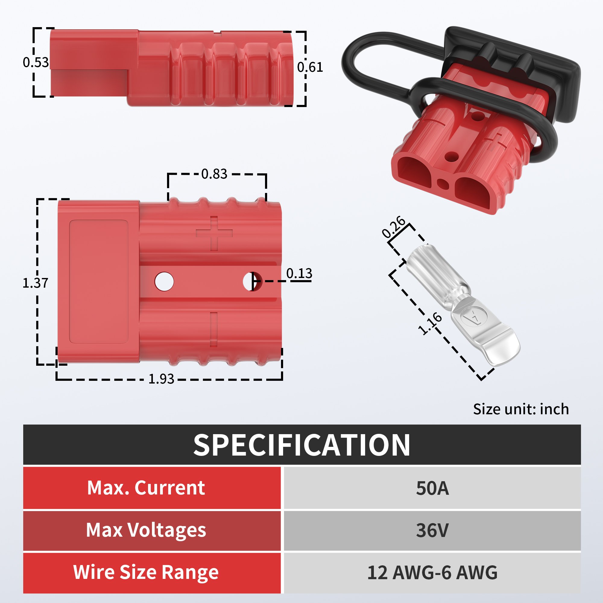50 Amp Battery Connector Heavy Duty Battery Connector 6 to 12 Gauge Battery Charging Connector for Boat Marine Car Winch