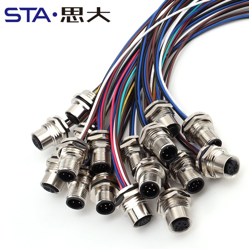 M12 4pin 5pin circular signal power connector sensor socket 6 8core 12 17pin front panel flange solder pin M12 panel connector
