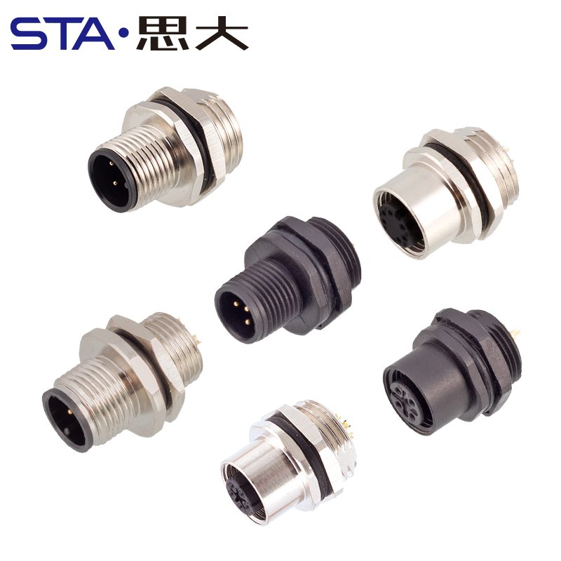 M12 4pin 5pin circular signal power connector sensor socket 6 8core 12 17pin front panel flange solder pin M12 panel connector
