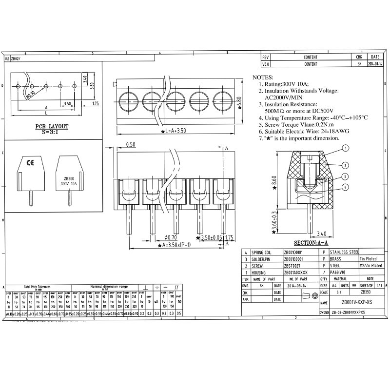 Terminal Block PCB Screw 3.5mm pitch 3pins 3positions screw terminal block connector