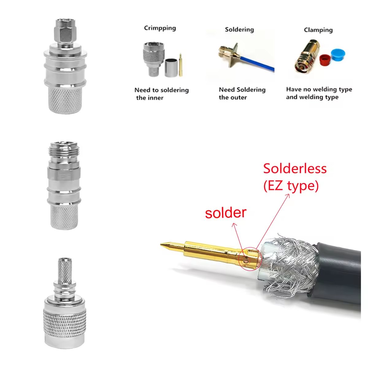 Solderless Type N SMA TNC BNC UHF PL259 SO239 7/16 Din 4.3-10 Male Female Jack Plug Right Angle Crimping RF Coaxial connector