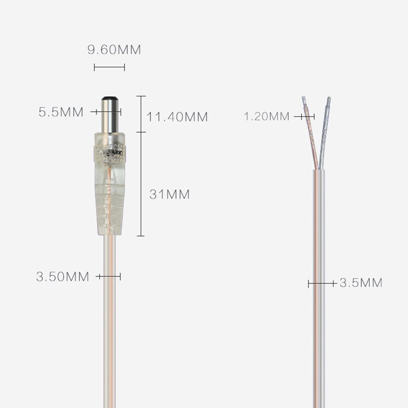manufactory transparent 5521 male to pigtail open end power cable 0.3m 22 awg awm 5.5*2.1mm dc connector for 3A charging