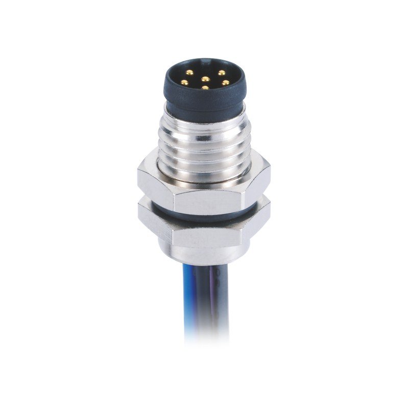 M8 A Code panel connector male 6pin sensor solder contacts front mount with 0.5m single wires