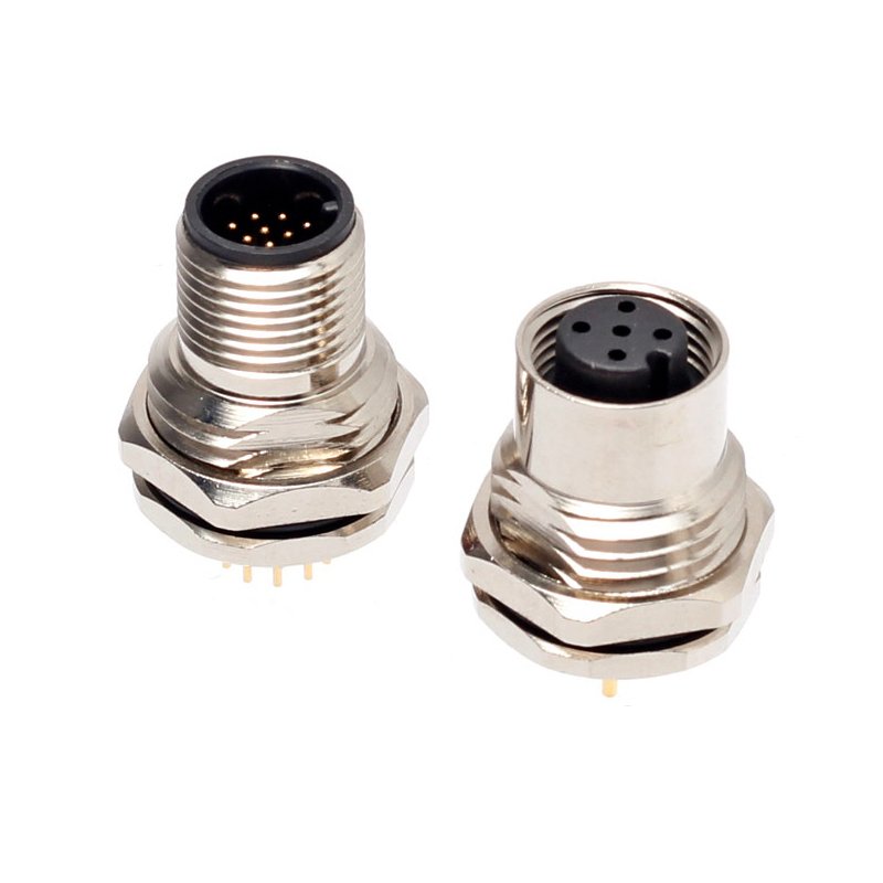 M12 PCB Type Straight Panel Mount Connectors Front Rear Nut Locking 2 3 4 5 6 8 12 17 Pins Waterproof IP67 Female Male Socket