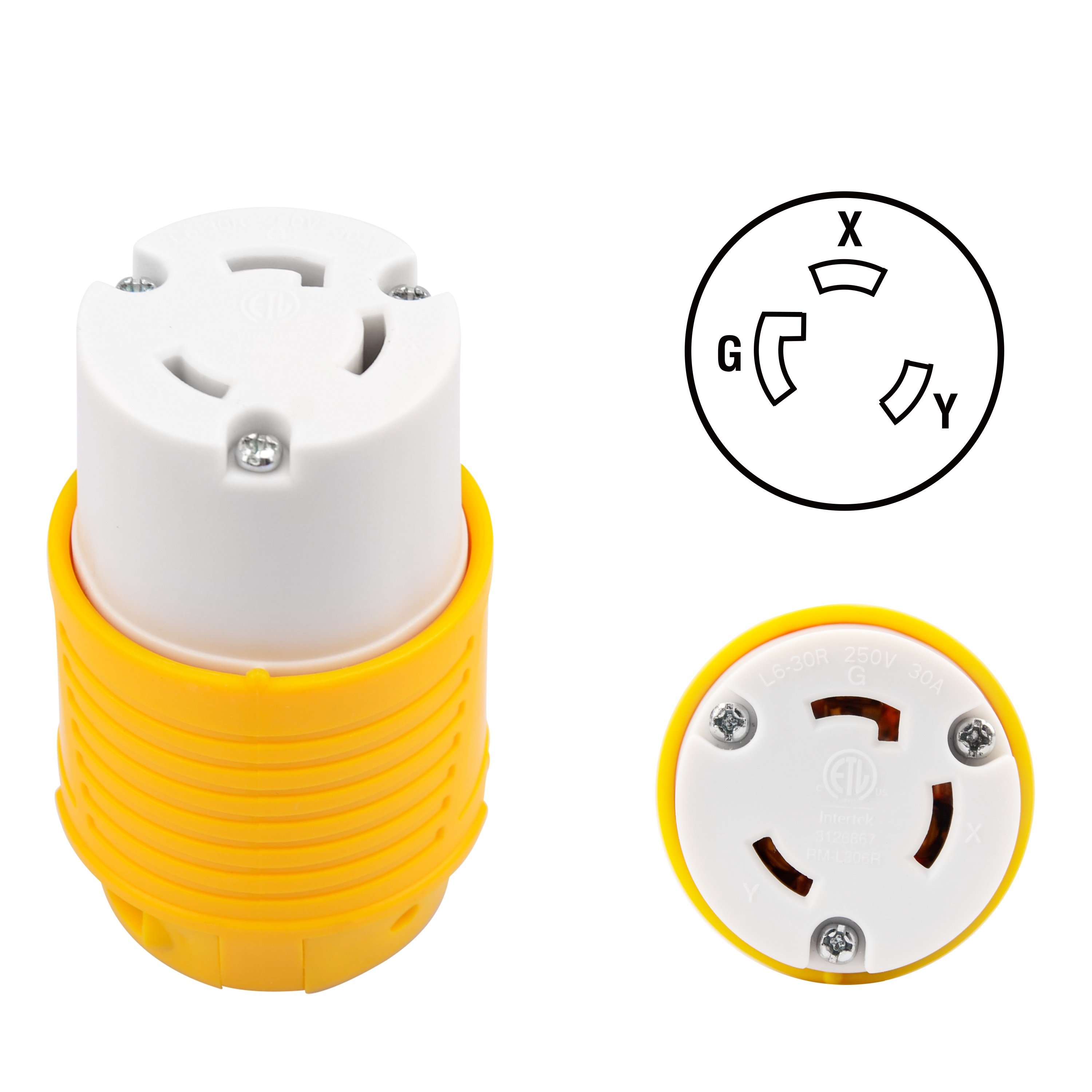 NEMA L6-30R 30 Amp 250 Volt 2 Pole 3 Wire Grounding 7500 Watts Locking Female Plug Connector