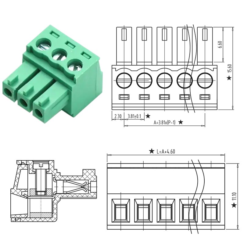 3.81mm pitch 3pins plug-in terminal block 15EDG right angle vertical male female 3.81 pluggable Terminal block Connector