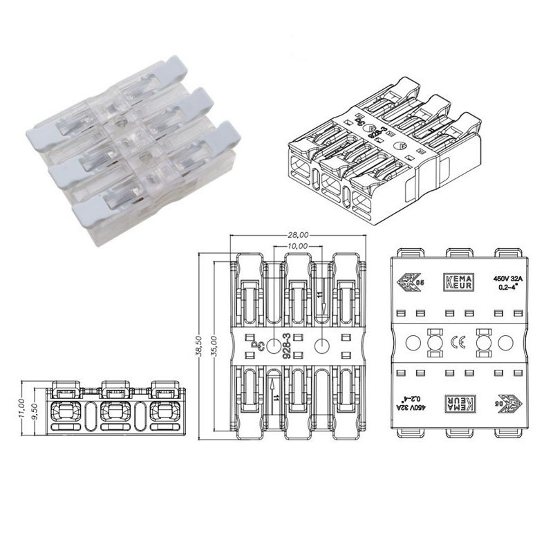 3 in 3 out push in wire connector quick wire connectors plastic electrical terminal block 928-3P