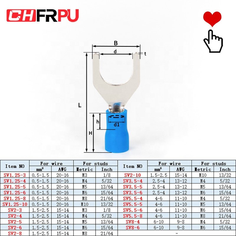 CHFRPU PVC Insulated fork Terminal copper brass connector electrical crimp spade insulated ferrule Bolt-on terminal
