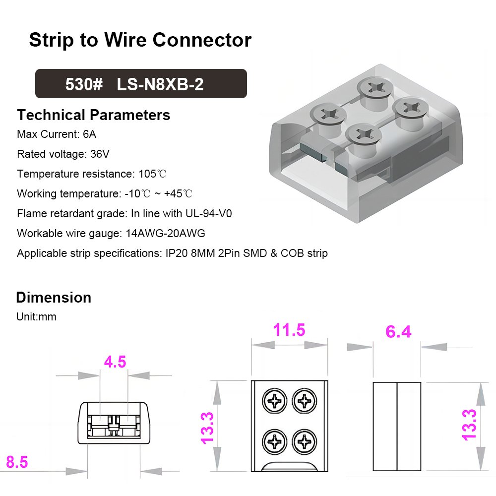 Tape to Wire 2 Pin Screw Fixing COB SMD Led Connectors for Strip Lights 8mm 10mm 5v 12v 24v Mono LED Low Voltage Strip