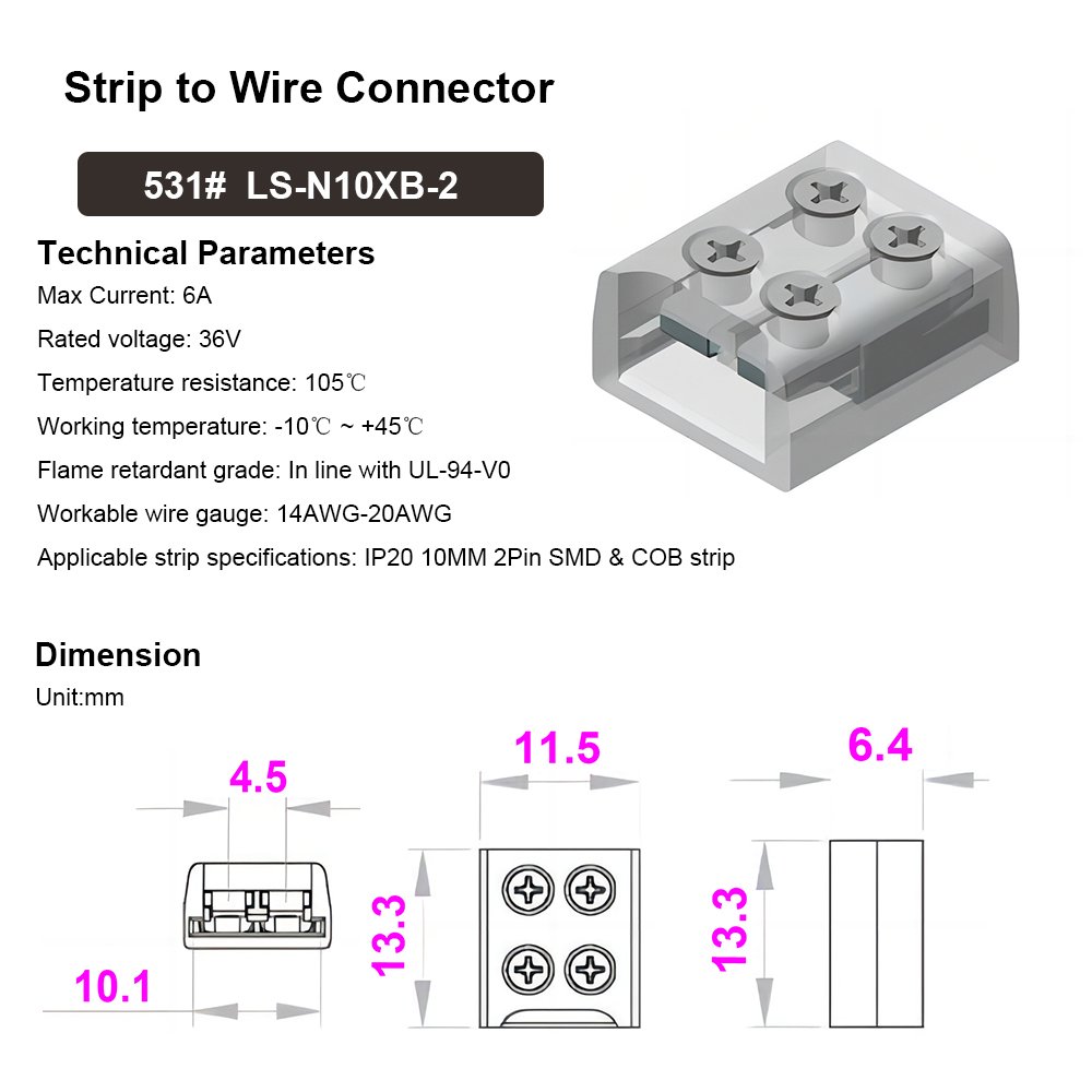 Tape to Wire 2 Pin Screw Fixing COB SMD Led Connectors for Strip Lights 8mm 10mm 5v 12v 24v Mono LED Low Voltage Strip