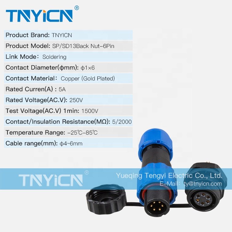 SD13 Back Nut 6Pin 5A High Quality Threaded Plastic Panel Mount M13 Male Female Round Plug Socket Wire Waterproof Connector