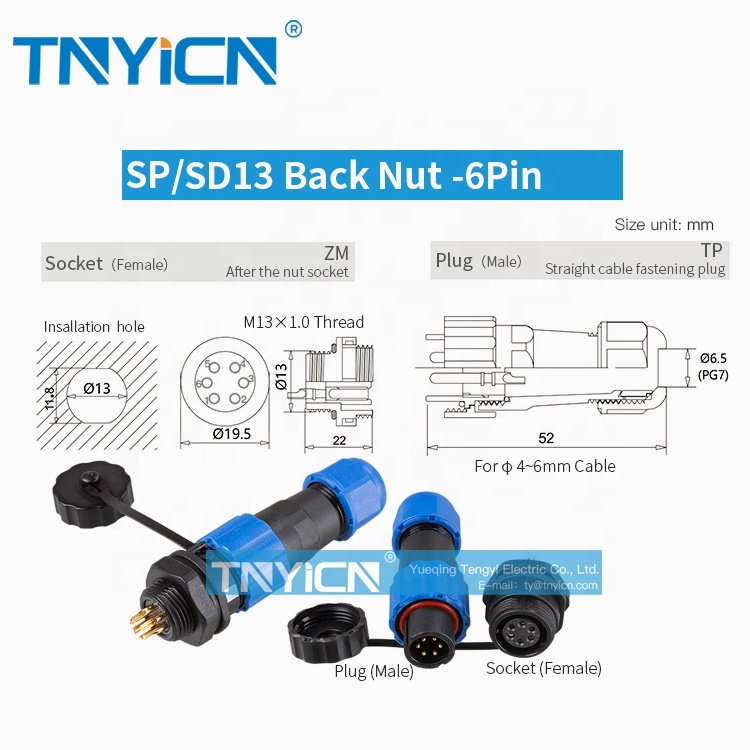 SD13 Back Nut 6Pin 5A High Quality Threaded Plastic Panel Mount M13 Male Female Round Plug Socket Wire Waterproof Connector