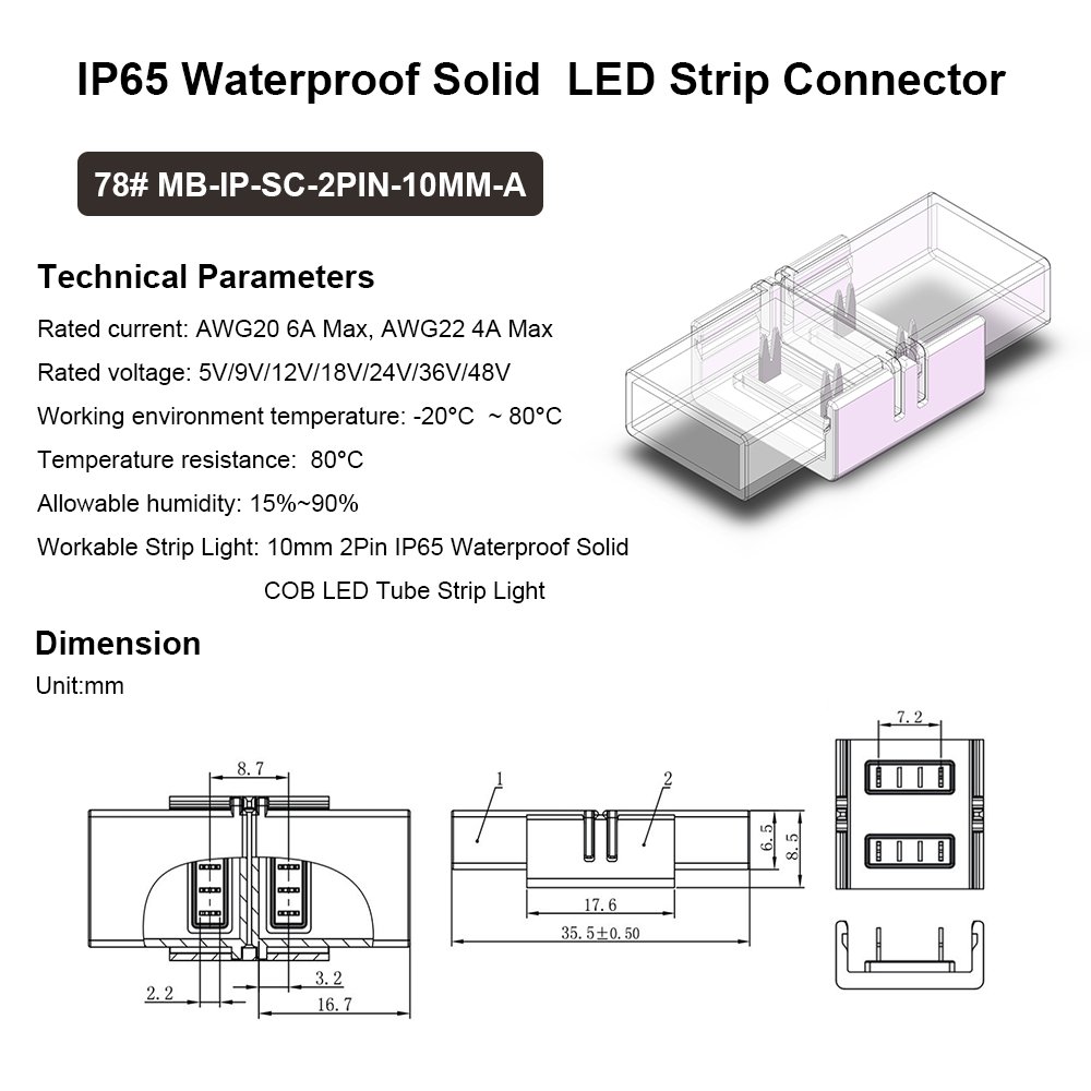 10mm 2Pin Silicone Solid Tube SMD COB Mono 24V 36V IP68 Waterproof LED Strip Lights Connector for Flexible LED Strip Lighting