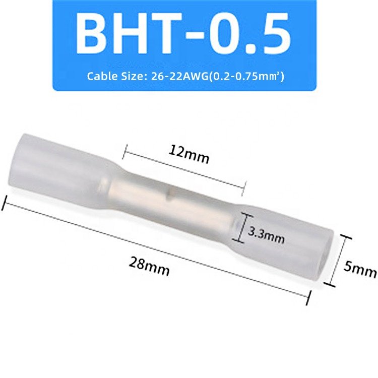 BHT0.5/BHT1.25/BHT2/BHT5.5 BHT Series Insulated Single Sleeve Terminals Waterproof Wire Electrical Heat Shrink Butt Connectors