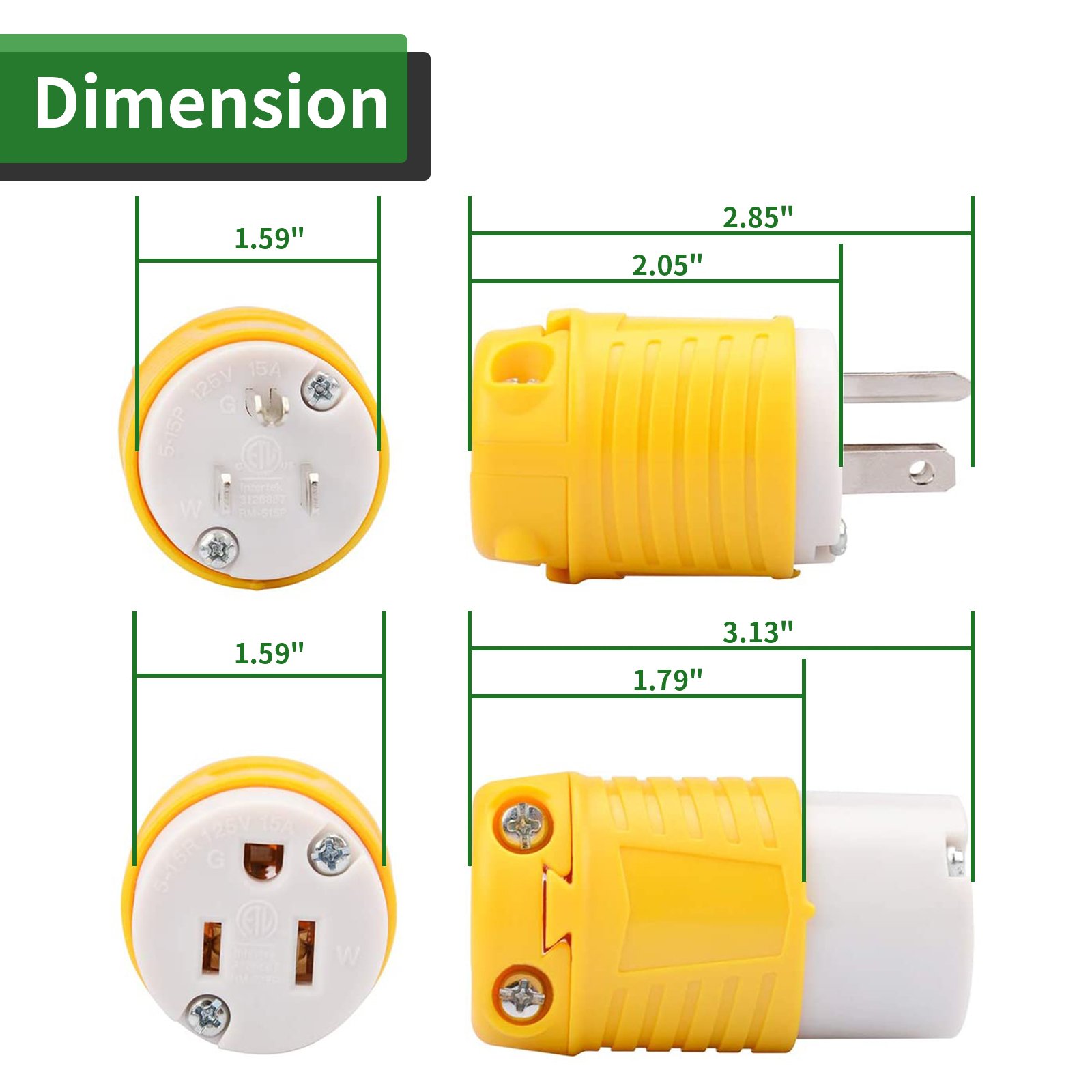 Extension Cord Ends Male and Female Plug, 15 Amp 125 Volt Heavy Duty Replacement Plug & Connector Set(6 Set)