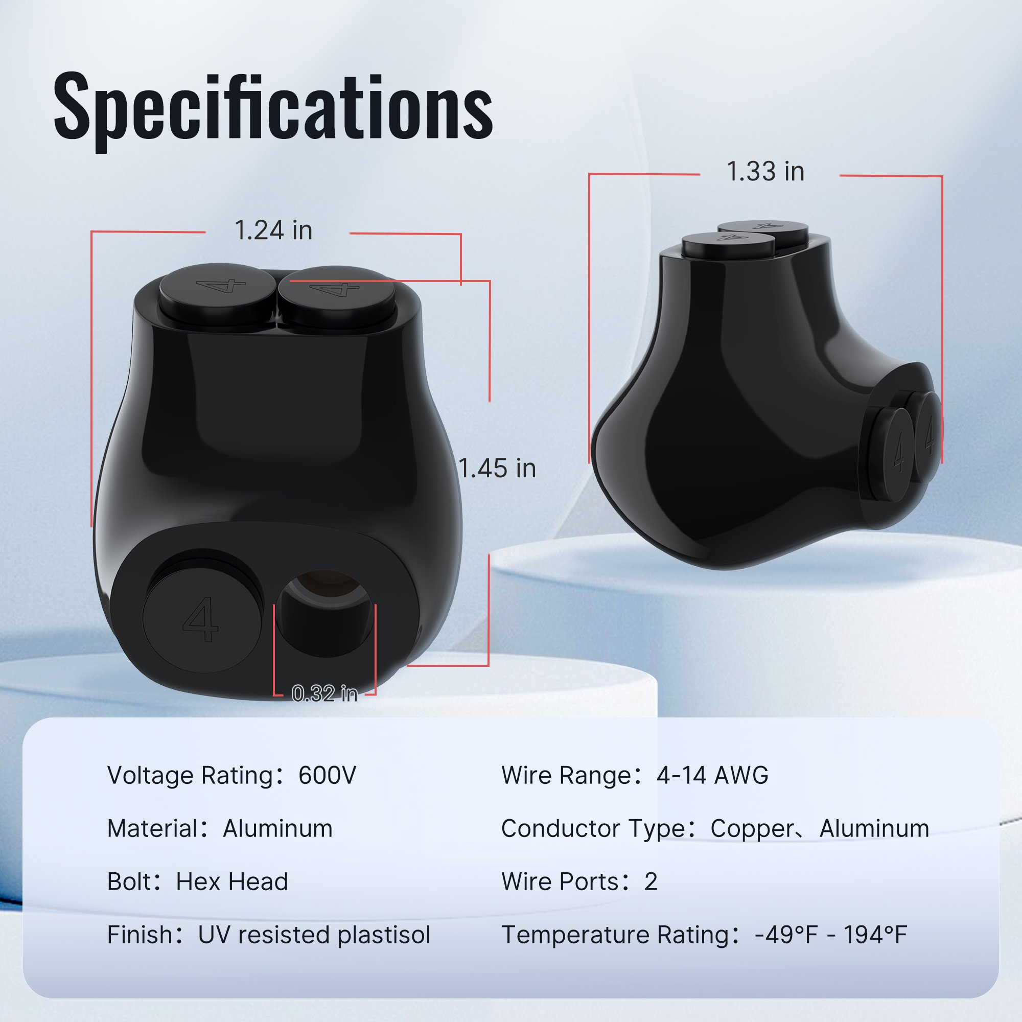 Black Insulated 2 Conductor Connector 2-Port Single-Sided Entry Insulated Multi-Tap Connector 600 Volts Multi-Cable Connector