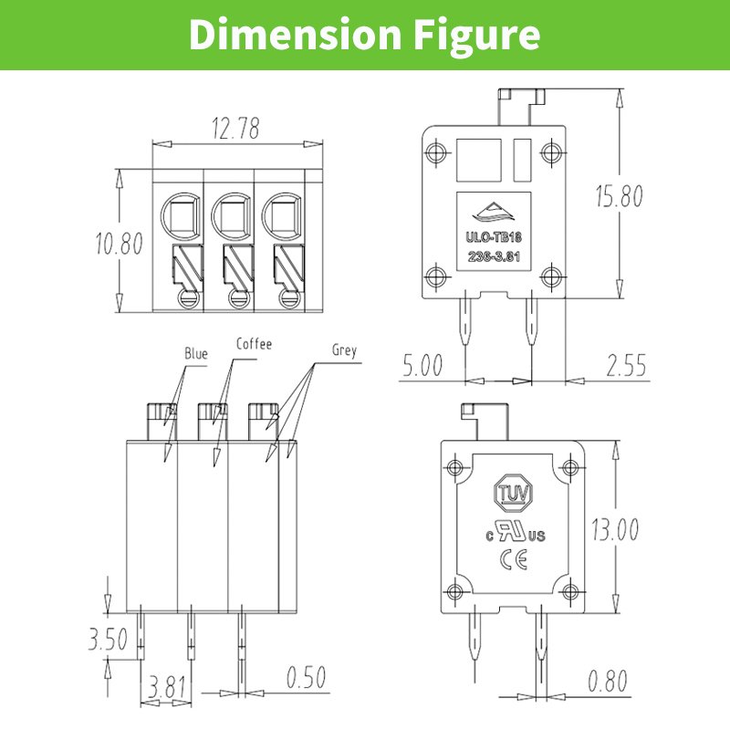 4pin screwless terminal block spring electrical connector fixed for pcb 3.81mm ptich 10A 250V