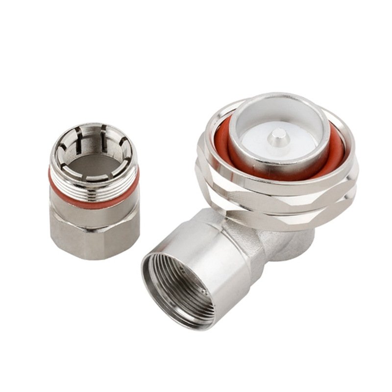 7/16 DIN Male Right Angle Connector Clamp/Non-Solder Contact Attachment for 1/2 inch Annular, 1/2 inch Flexible