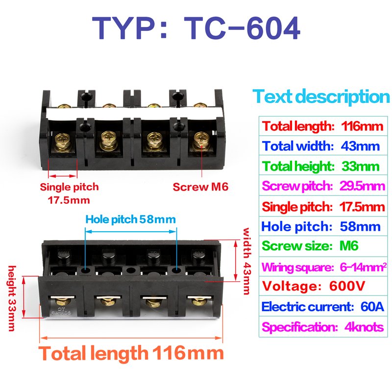 60A 4P 600V double row screw terminal fixed type wire connector TC604 High current terminal TC 604 terminal block