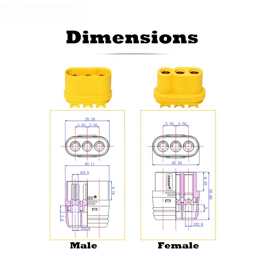 High Quality Power Battery MR60 Plug Male Female Amass MR60-M MR60-F MR60 3 Core Pin Connector With Sheath For Brushless Motor