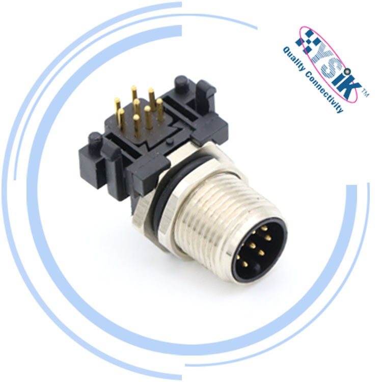 Circular Metric Connectors M12 5pin male A code THR termination PCB angled socket connector