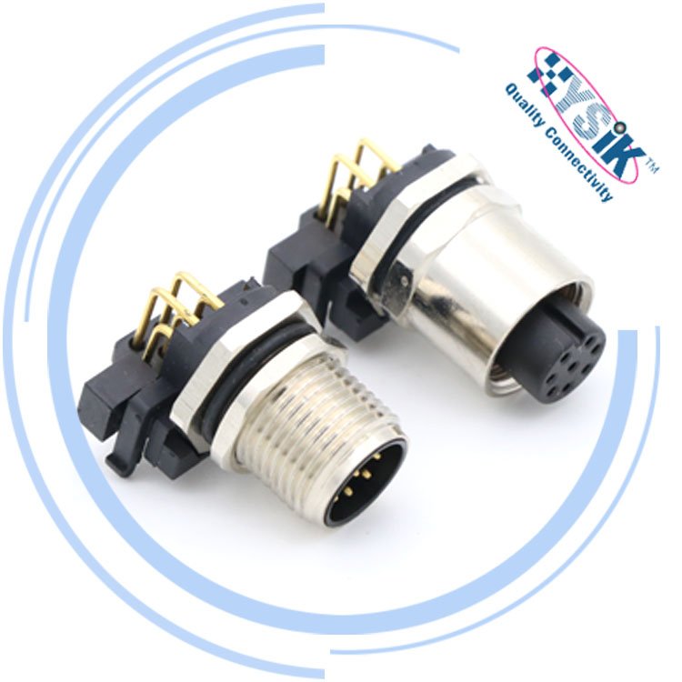 Circular Metric Connectors M12 5pin male A code THR termination PCB angled socket connector