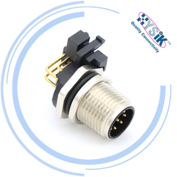 Circular Metric Connectors M12 5pin male A code THR termination PCB angled socket connector
