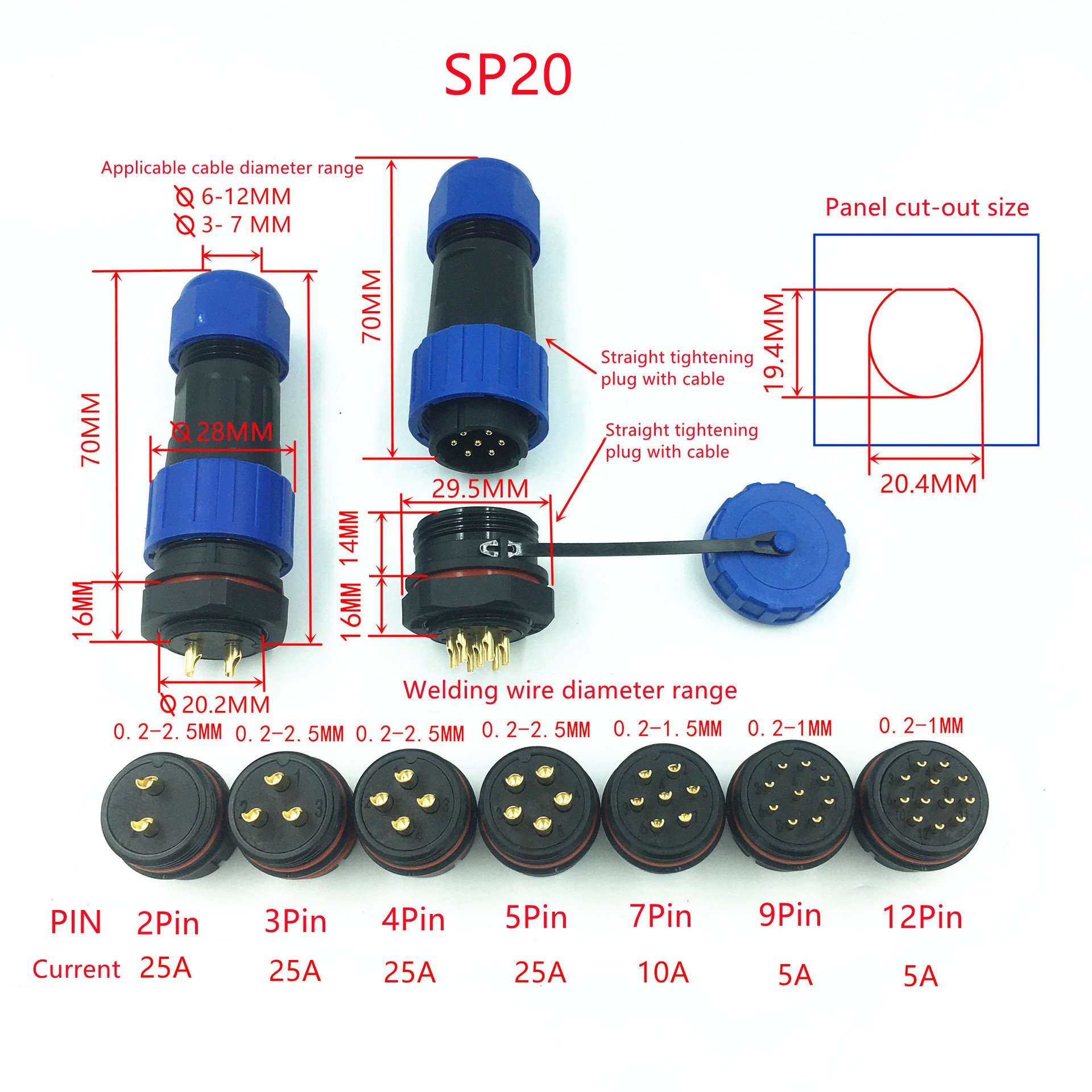 High Performance Aviation Plug Power Cable Connector SP20 Waterproof Plastic Connector with Copper Pin IP68 Rating