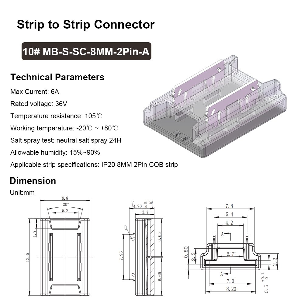 2Pin 8MM micro connectors led tape solderfree cob led strip connectors strip to strip connectors