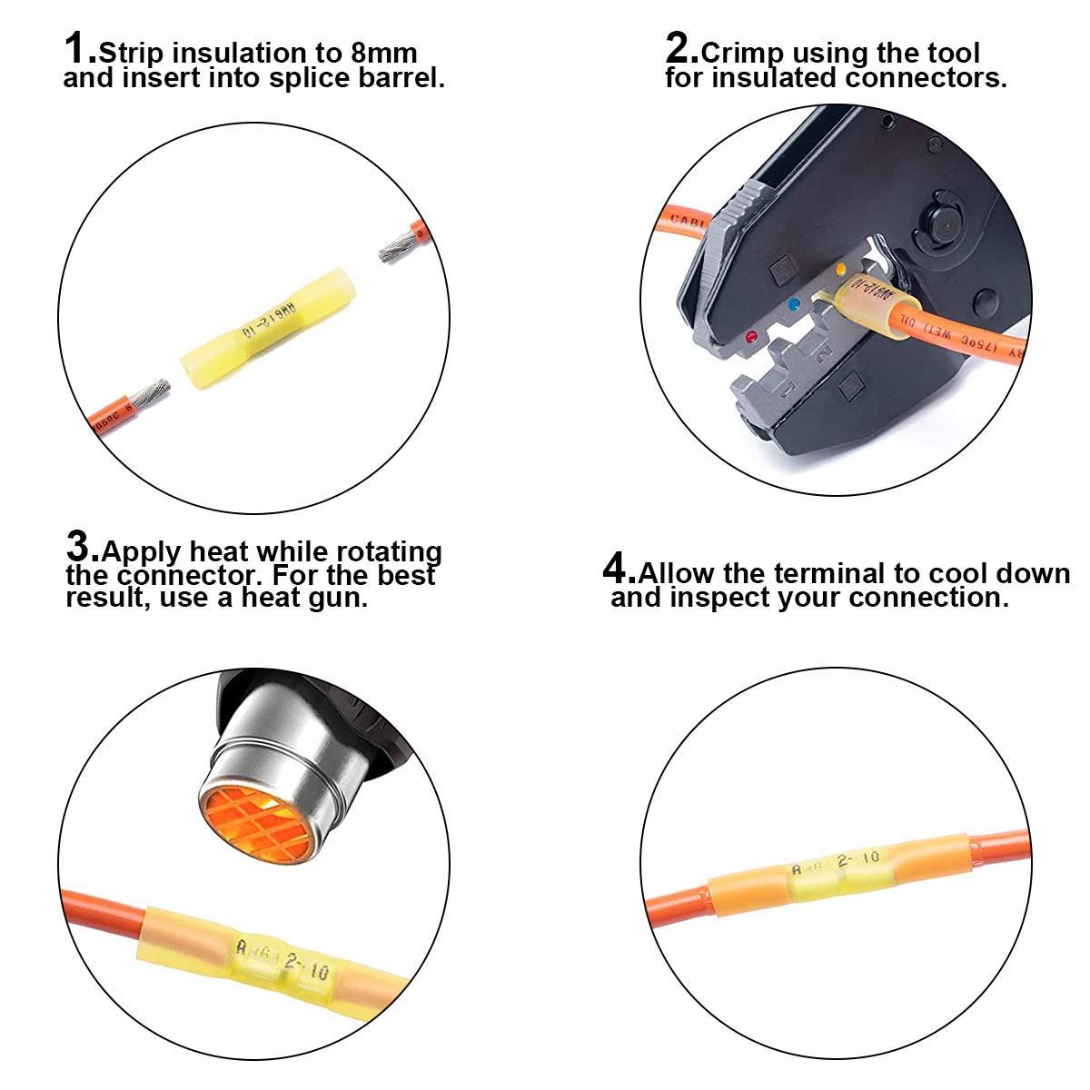 250PCS Yellow AWG12-10 Copper 1.0 mm Marine Grade Waterproof Insulated Electrical Heat Shrink Crimp Wire Butt Splice Connectors