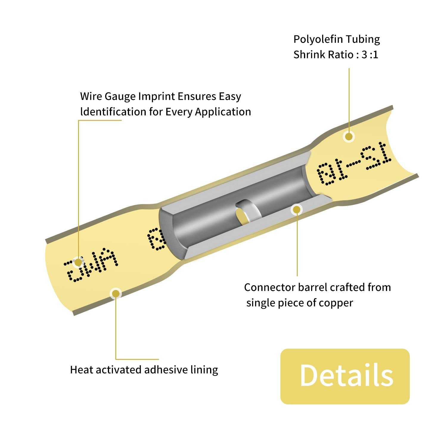 250PCS Yellow AWG12-10 Copper 1.0 mm Marine Grade Waterproof Insulated Electrical Heat Shrink Crimp Wire Butt Splice Connectors