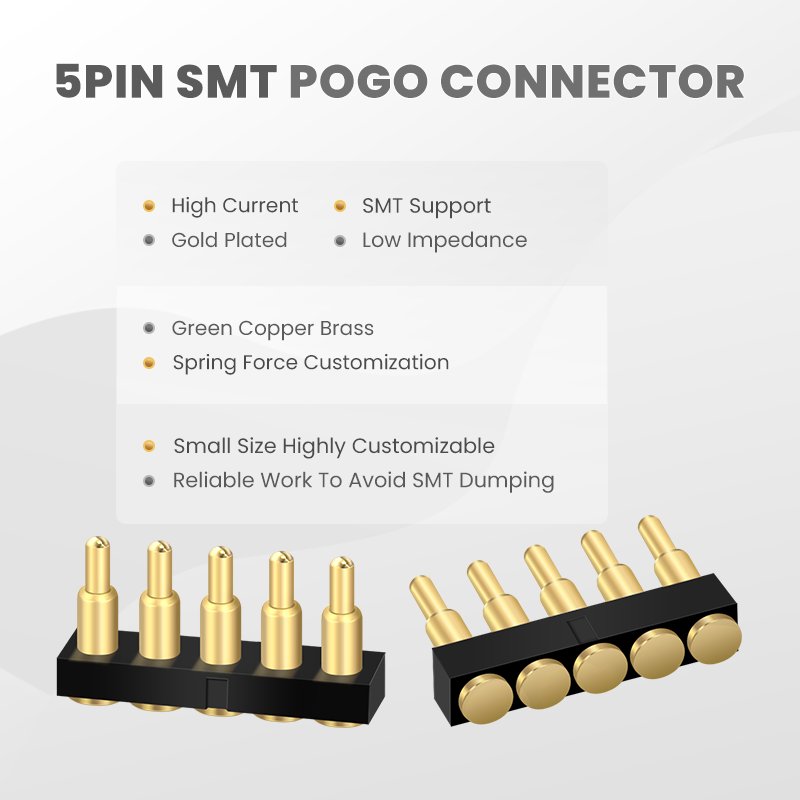 5 Pin Customize Height 7.5mm 5V1A 12V 2A SMT Gold Plated Pogo 5Pin Battery Connector