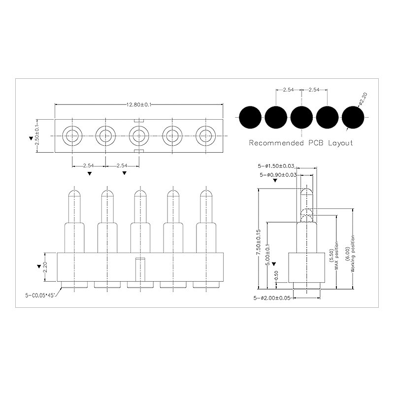 5 Pin Customize Height 7.5mm 5V1A 12V 2A SMT Gold Plated Pogo 5Pin Battery Connector
