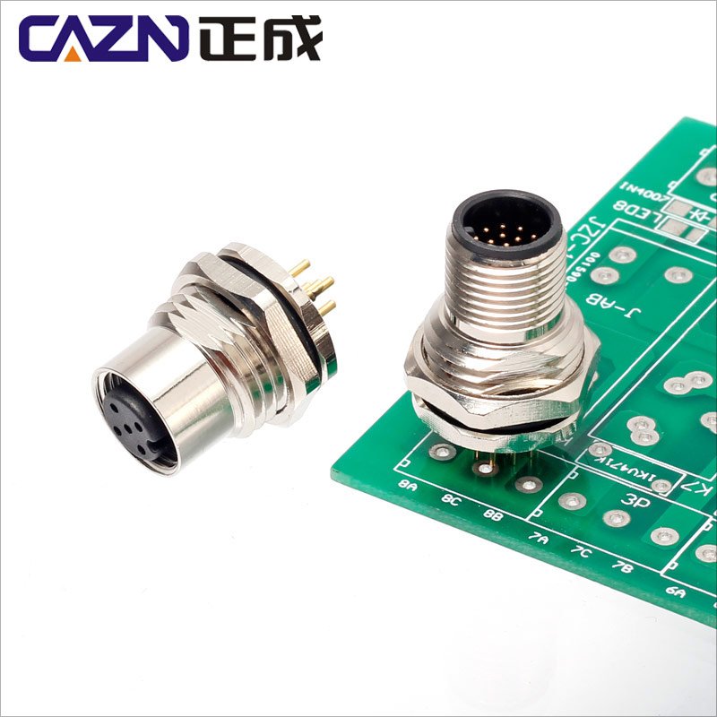 M12 PCB panel connector straight mount socket solder unshielded waterproof IP67 M12 circular connector front and rear mounting