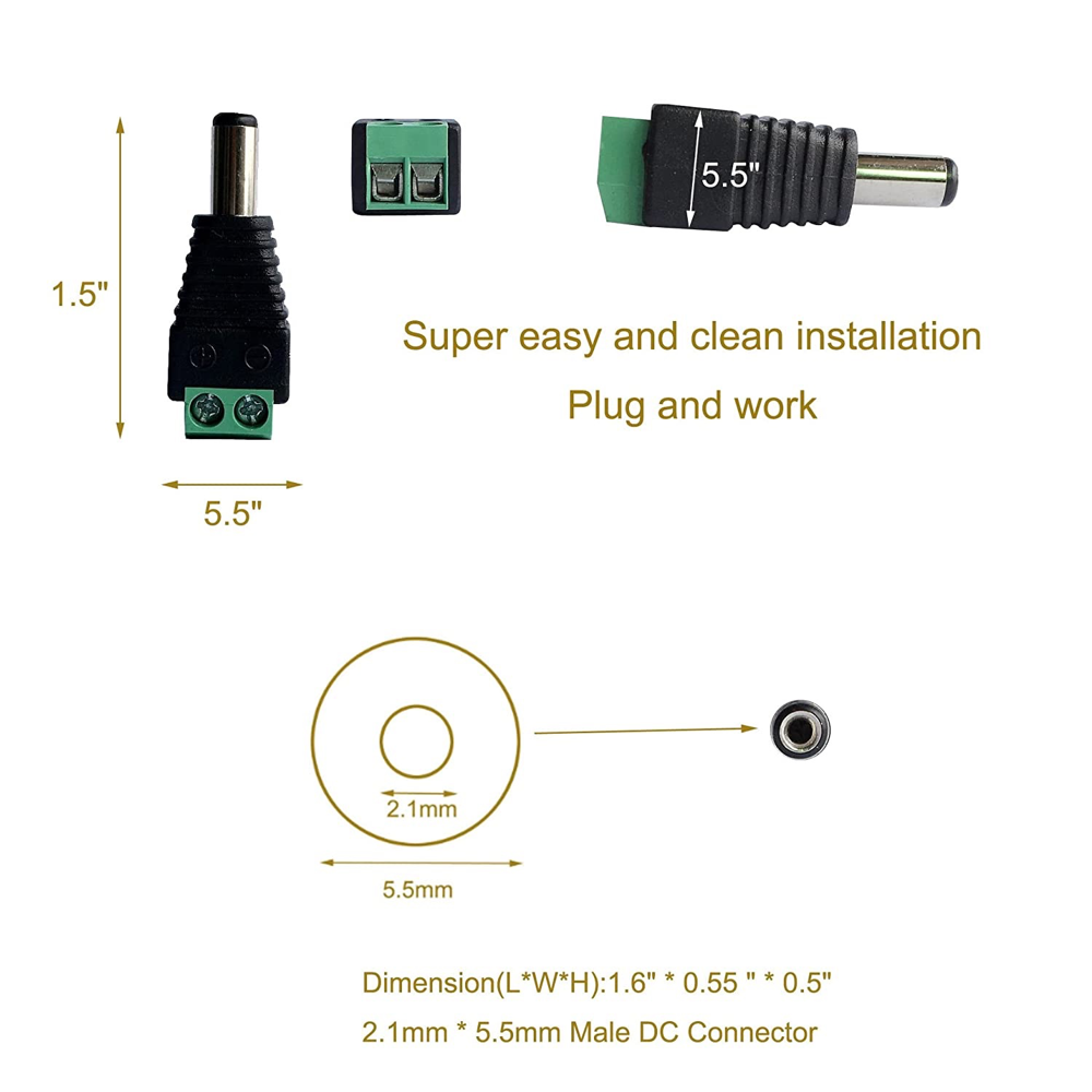 eSann Low Voltage 2Pin Male Female Led Strip DC Jack Power Fast Cable Connectors Accessories