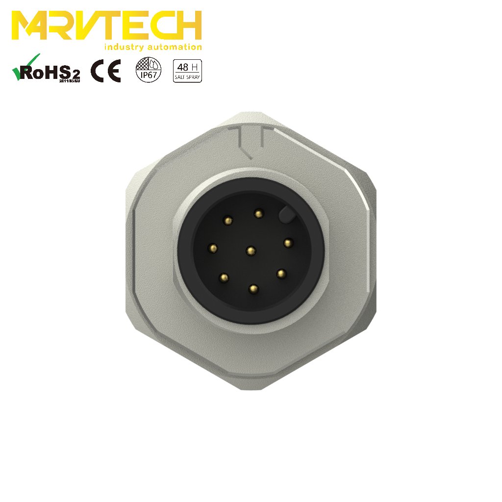 Marvtech male M12 A code 3/4/5/6/8/12/17 pins front panel mount connectors display racks profinet wire connector