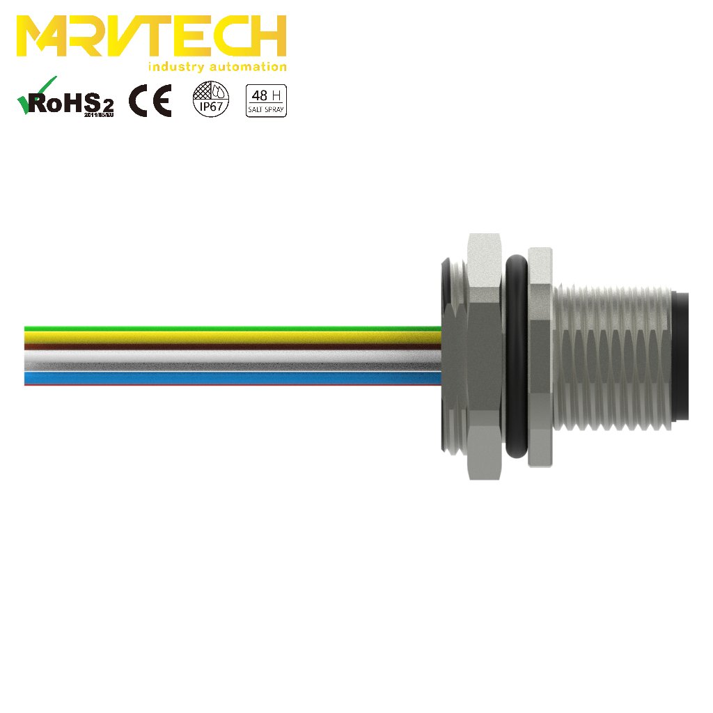 Marvtech male M12 A code 3/4/5/6/8/12/17 pins front panel mount connectors display racks profinet wire connector