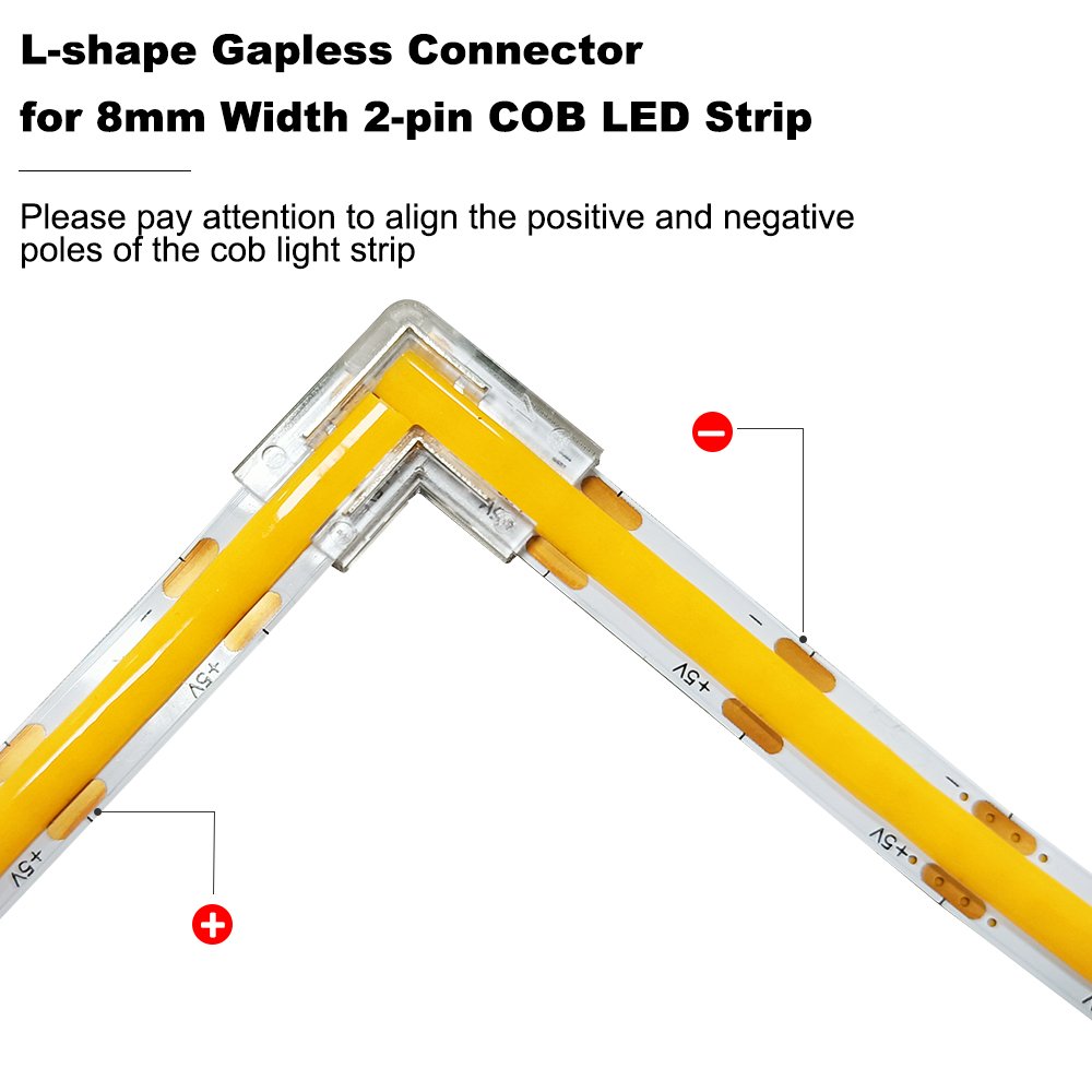 L-Shaped Corner Connector Unwired Clips Solderless Adapter Terminal Transparent Gapless 8mm Connectors for COB LED Strip Lights
