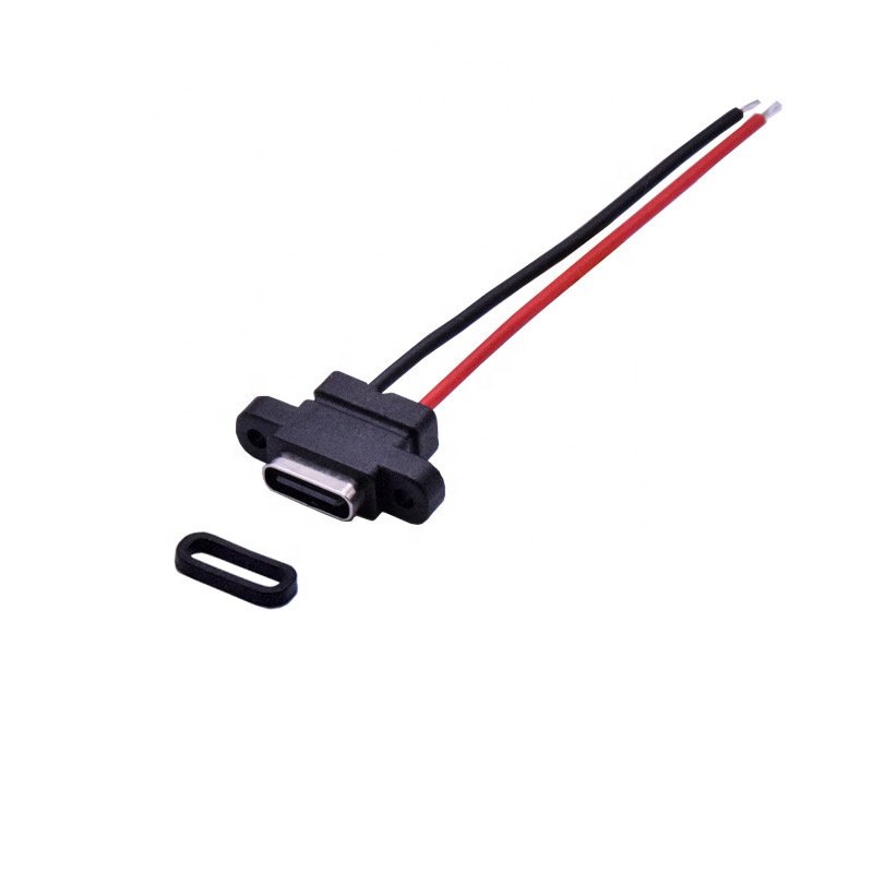 USB Type C Wire Socket Connector Injection Molded Waterproof Charging Base with Terminal Clasp Thread Type with or without Holes
